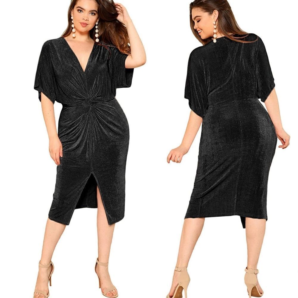 Floerns Amazon black shimmer v-neck twist midi blouson jersey knit Dress S LBD